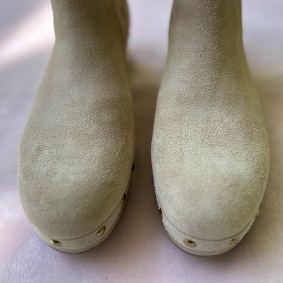 J. Crew Peachy Beige Size 7-5 Wood Clog Boots Suede Faux Fur Lined Boots - Picture 8 of 9